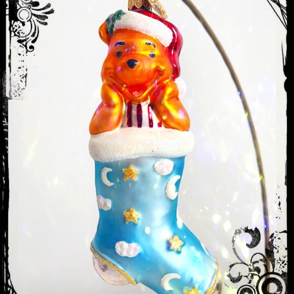 Rare Christopher Radko Disney WINNIE THE POOH Light Blue Stocking Glass Ornament - Picture 1 of 10